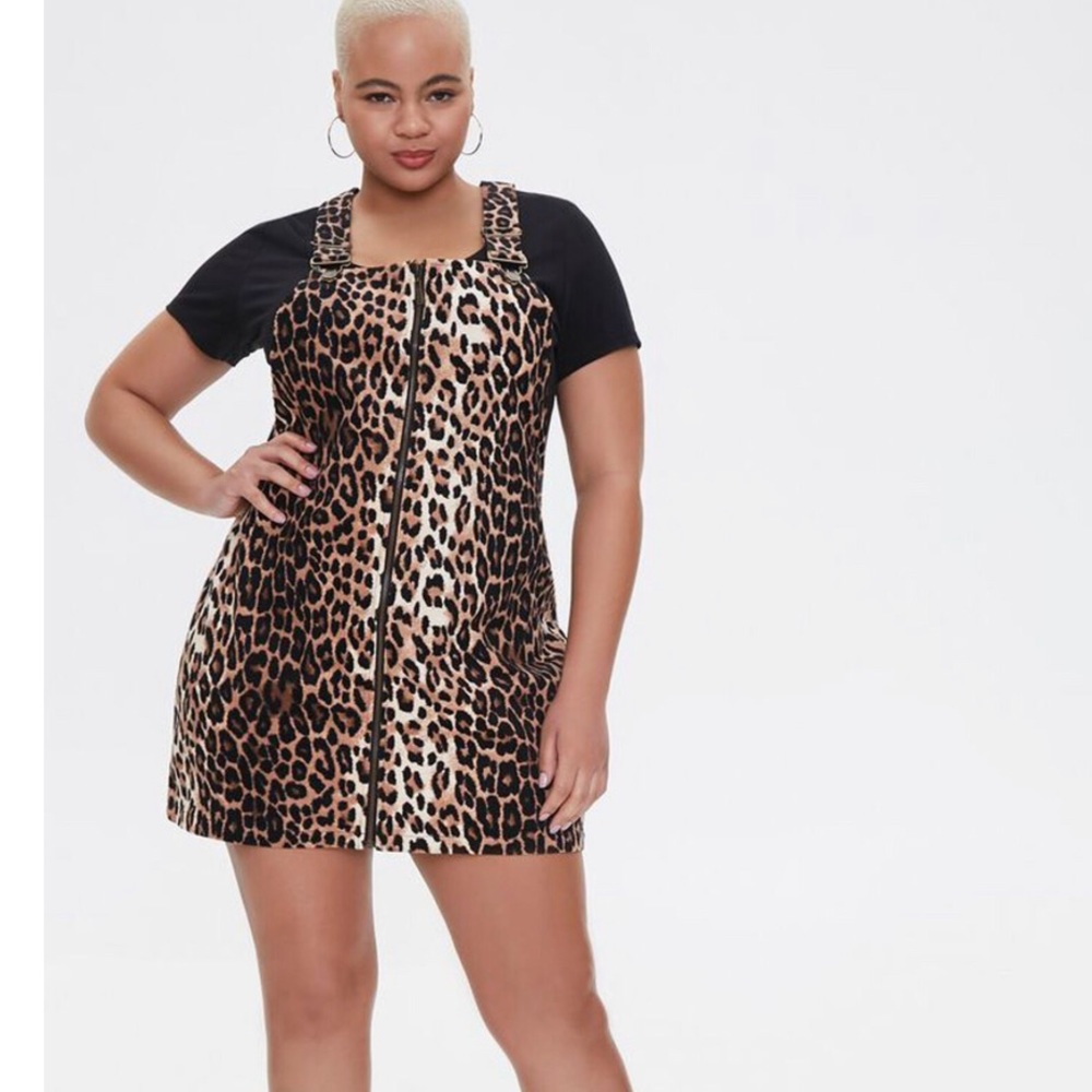 Leopard print overalls dress with zipper front